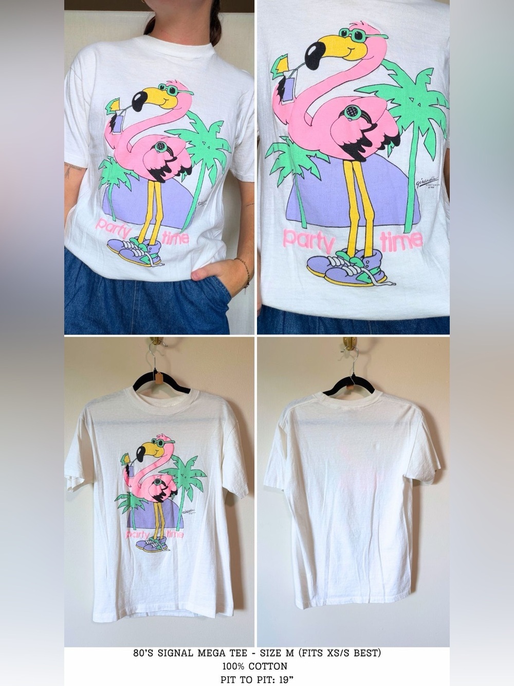 80s single stitch Girar Dim sportswear party time puff paint flamingo cotton t S - Picture 2 of 6